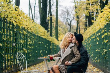 Sandalyelerin ve öpücüklerin ortasında bir çift, bir sürü sarı ağaçla sonbahar mevsimi.