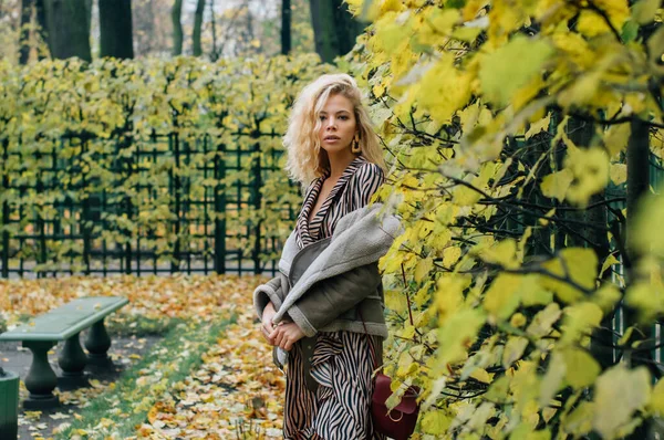 Ung Blond Flicka Bor Nära Träd Offentlig Park Höst Och — Stockfoto