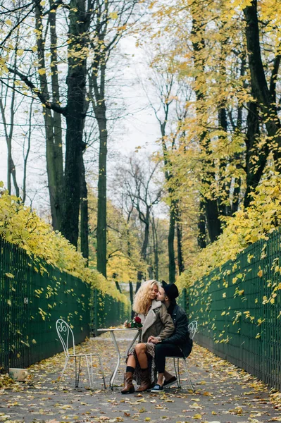 Sandalyelerin ve öpücüklerin ortasında bir çift, bir sürü sarı ağaçla sonbahar mevsimi.