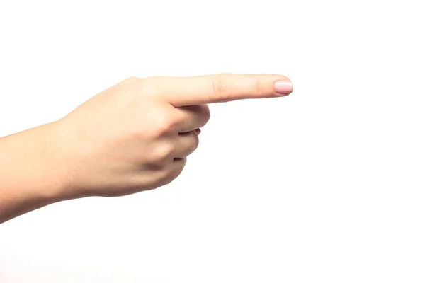 Dedo da mão mulher apontando isolado no fundo branco — Fotografia de Stock