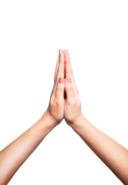 Woman folds hands for prayer or plea, white background — Stock Photo, Image