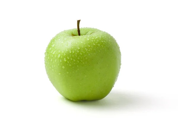 Green wet apple with water drops on white background — Stock Photo, Image