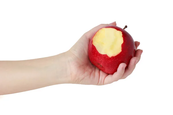 Mano sosteniendo una manzana mordida roja aislada — Foto de Stock