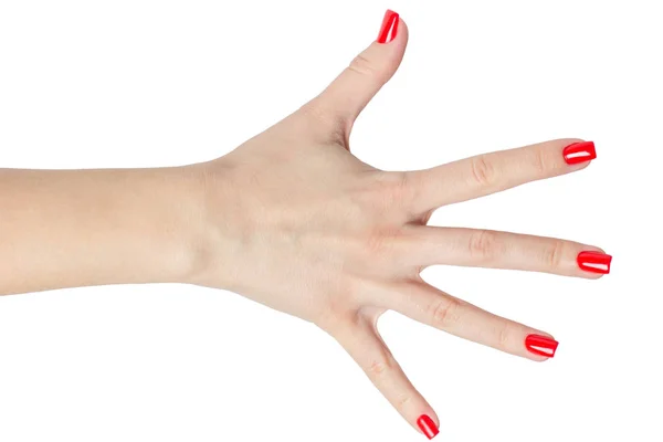 Hermosas manos femeninas con manicura roja y uñas aisladas sobre fondo blanco — Foto de Stock