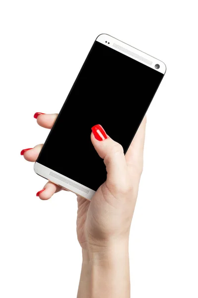 İzole kadın el beyaz arka plan üzerinde siyah ekran ile bir telefon tutarak