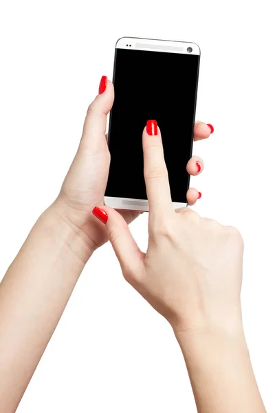 İzole kadın el beyaz arka plan üzerinde siyah ekran ile bir telefon tutarak