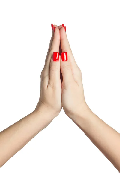 Les mains de la femme priant sur un fond blanc — Photo