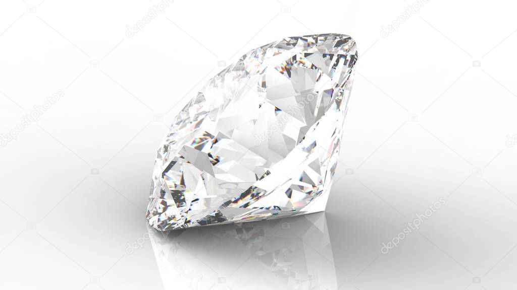 Large Clear Diamond with reflection on white background. 3d