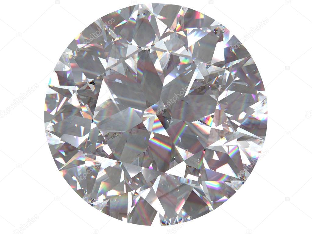 Top view of a shiny diamond in isolated white background. 3d rendering model