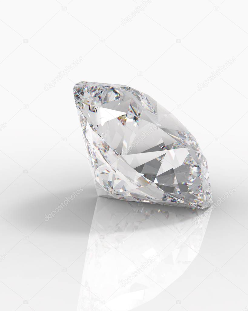 Large Clear Diamond with reflection on white background. 3d