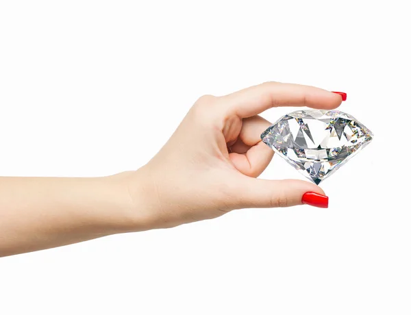 Kvinnan handen håller stora 3d diamant på vit bakgrund med välskötta röda naglar — Stockfoto