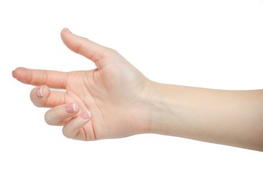 Güzel kadın elini tutan veya izole üzerinde beyaz arka plan. manikürlü tırnaklar