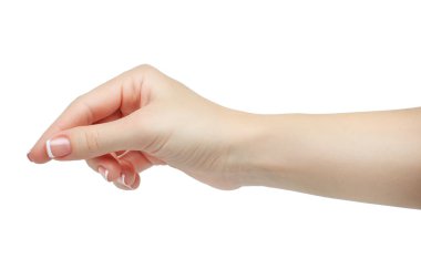 Kadın manikürlü elini tut kartı, kredi kartı, boş kağıt veya diğer beyaz arka plan üzerinde izole.