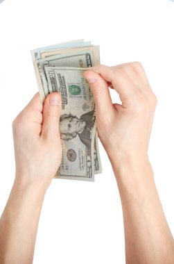 Erkekler eller ve bize güveniyor Doları banknot izole