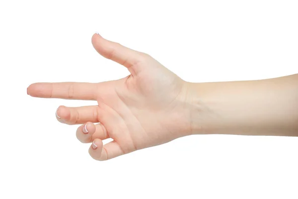 Piękna kobieta ręka gospodarstwa lub ze względu na białym tle na białym tle. manicure paznokcie — Zdjęcie stockowe