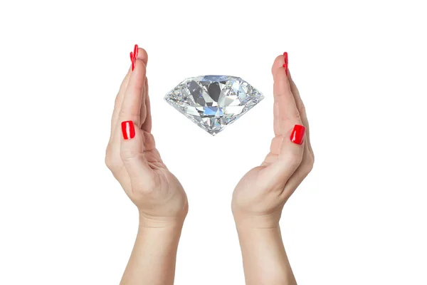 Öppen kvinna händer med diamant på en vit bakgrund som isolerade — Stockfoto
