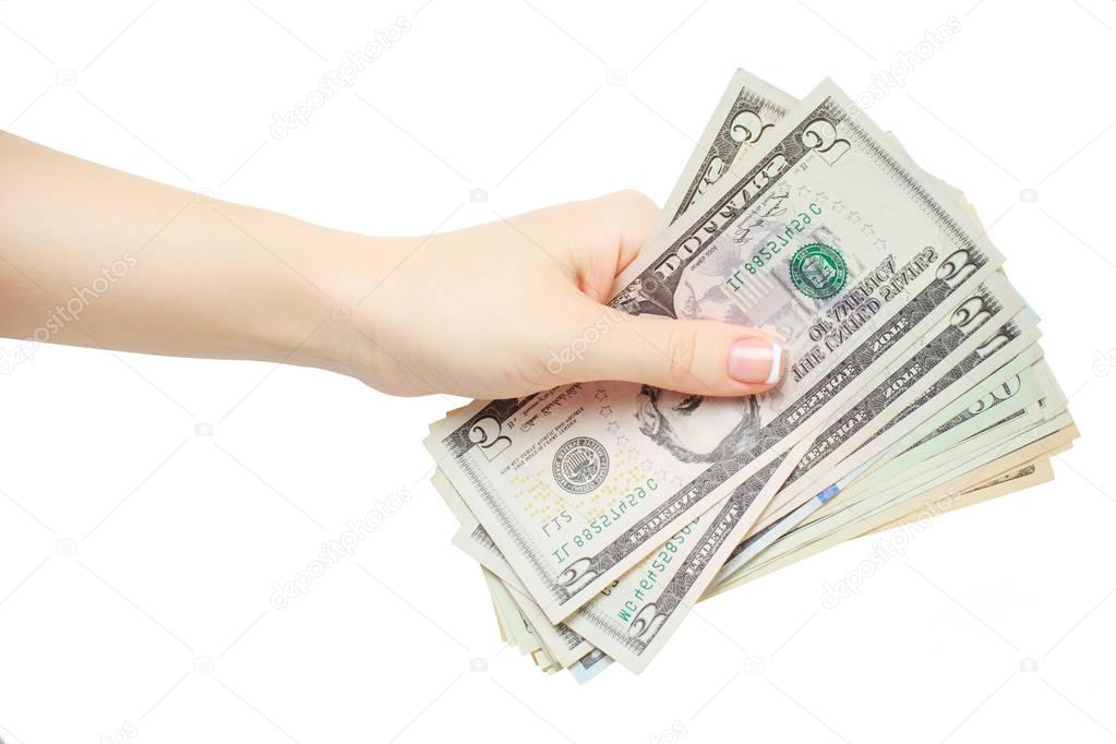 woman manicured hand hold or given money isolate on white