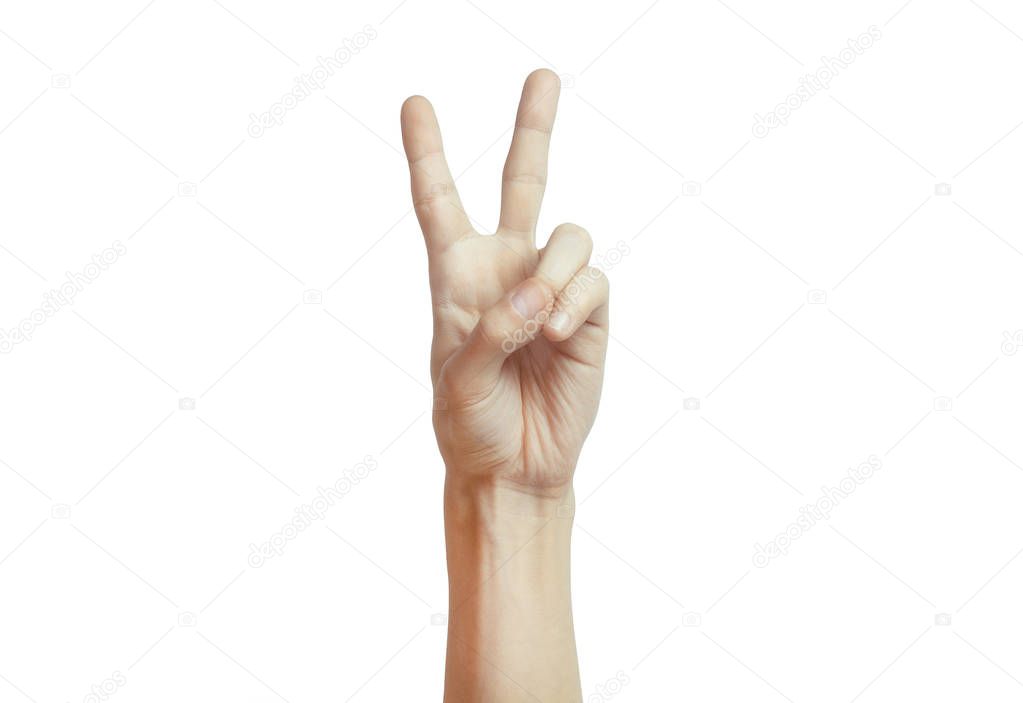 Isolated hand signal on white background, male adult hand making a two fingers peace sign