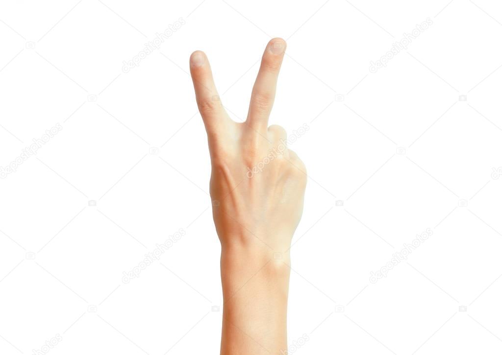 Isolated hand signal on white background, male adult hand making a two fingers peace sign