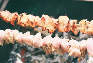 Metal şiş üzerinde pişirmek için ızgara kebap kapatın. Kavrulmuş et mangal üzerinde pişmiş. Taze domuz dilimleri üzerinden Barbekü eti dilim etmektir.