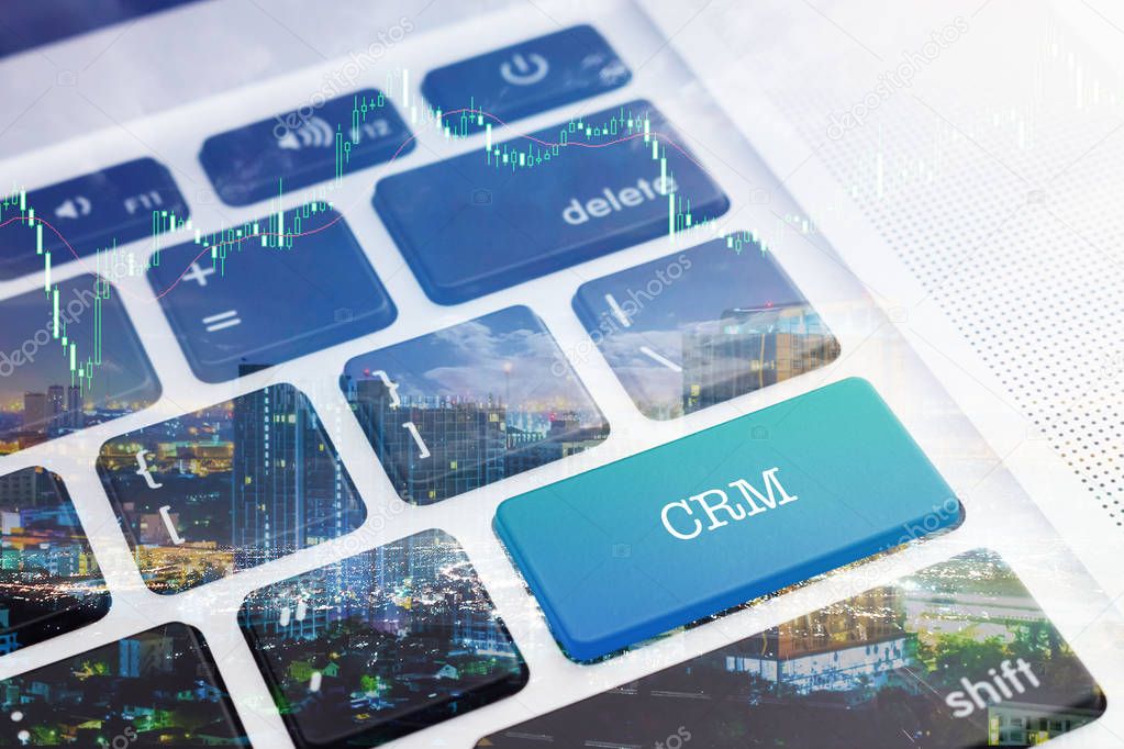 CRM (CUSTOMER RELATIONSHIP MANAGEMENT): Green button keyboard computer. Double Exposure Effects. Digital Business and Technology Concept.