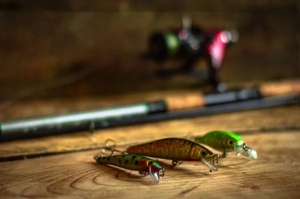 Balık oltası - balık tutma, olta atma, kanca ve yem hafif ahşap arka planda. Üst manzara.