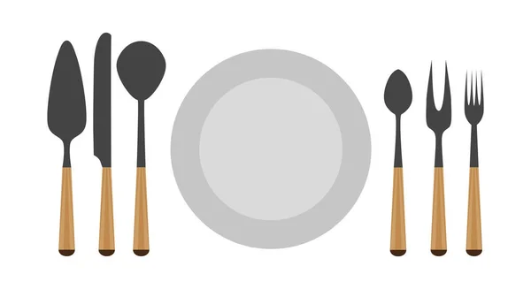 Besteck Set Gabel Vektorlöffel Messer isoliert Küche Illustration Teller — Stockvektor