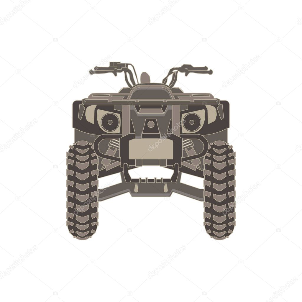 Vector ATV front view isolated icon off-road motorcycles sign on white background illustration. Extreme quad bike logo. Adventure black cross design dirt dirty dust drive emblem. Freedom inroad mud.