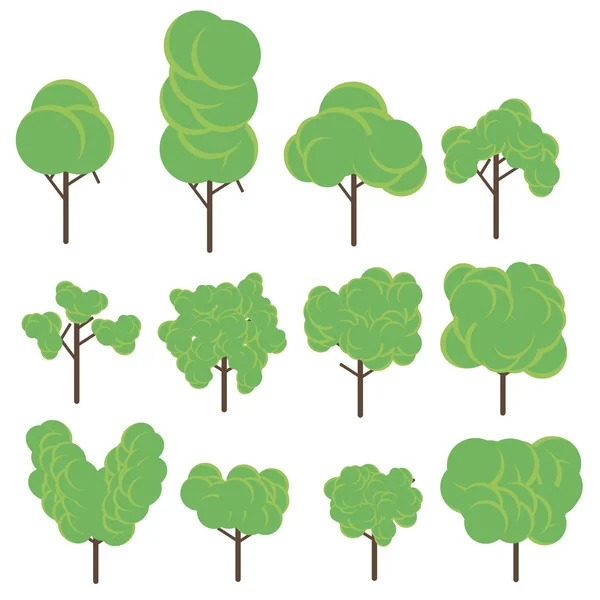 Set pohon ikon vektor datar ilustrasi. Tanaman hijau. Botani - Stok Vektor