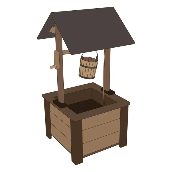 Well water vector wooden illustration old icon roof bucket — Stock Vector
