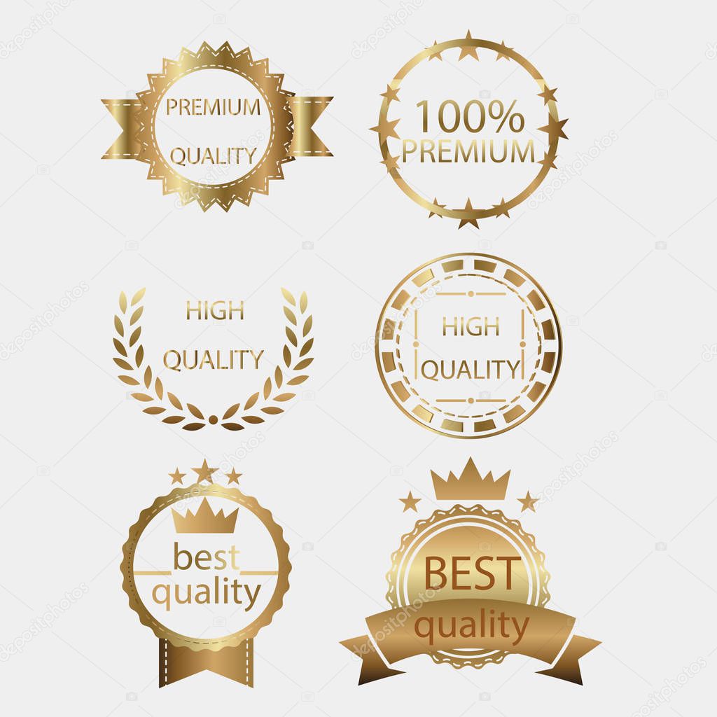 Badge golden gold medal seal vector quality label certificate design metal set