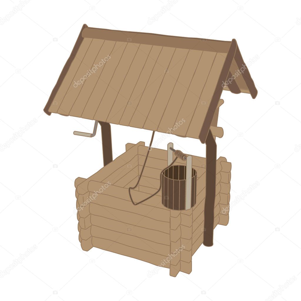 Well water vector wooden illustration old icon roof bucket