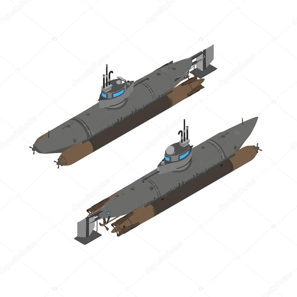 Submarine isometric flat vector illustration ship design icon