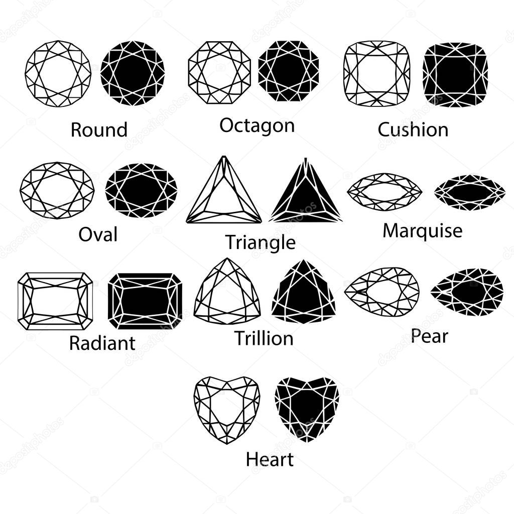 Gemstones vector gem cut isolated set jewelry diamond white crystal illustration. Jewel black stone silhouette