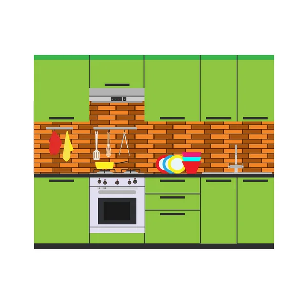 Kuchyňské vnitřní vektor domů ilustrace nábytek ploché pokoj. Moderní stůl styl žijící kamna — Stockový vektor