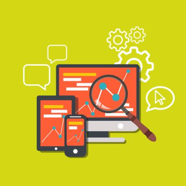 SEO (arama motoru optimizatiotn) kavramı vektör düz ona. Bilgisayar, tablet ve akıllı telefon üzerinde analiz hizmeti