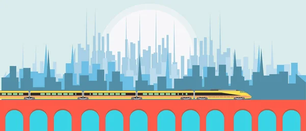 Tren Pasajeros Alta Velocidad Contra Fondo Ciudad Vector Plano Ilustración — Vector de stock