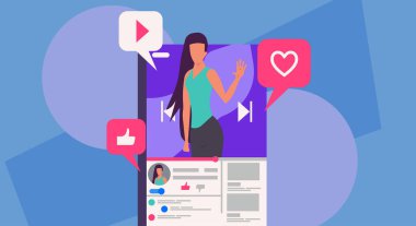 Kadın blog yazarı vektör illüstrasyon iletişim interneti. Akıllı telefon kavramının sosyal mobil ağında çevrimiçi blog. Video içeriği gibi canlı yayınlanan kullanıcıları incele. Telefon günlüğü tartışması konuşması