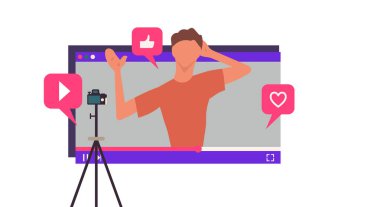 Blog yazarı kameraya medya videosu kaydediyor. Dijital teknoloji çevrimiçi ağ illüstrasyonu. Vlog canlı multimedya. Bağlantı siber uzay kanalı serbest görüntü yönetmeni tasarımı