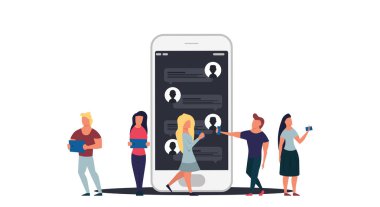 İnsanlar online sohbet ağı konsepti illüstrasyon iletişim teknolojisi. Web mobil sosyal mesajı ile erkek ve kadın bağlantısı, Grup çağrı hizmeti sanal uzay konferansı.
