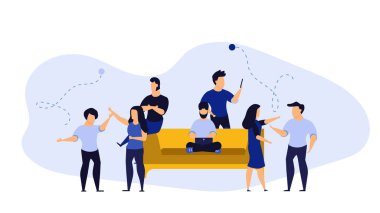 Ofis günü vektör illüstrasyonu iş adamı çizgi filmi. Düz karakter konsepti iş tasarımı. Erkek ve kadın işyeri çalışanı işi. Takım hayatı her gün birlikte çalışıyor. Meşgul insan yaratıcı ekip toplantısı