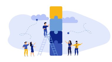 İş takımı takım çalışması vektör illüstrasyon fikri işe yaradı. Başarı kurumsal geçmiş tasarım işbirliği ortaklık afişi. İşbirliği grubu. Bulmaca bağlantı birliği sayfası oluşturuluyor.