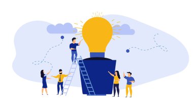 Ticari net fikir vektör illüstrasyon kavramı. Farkındalık Ofisi dikkat ampulü yakan insanlar. Çizgi film başarısı yeniliği elektrik sembolü. Web iş arama ögesi teknolojisi