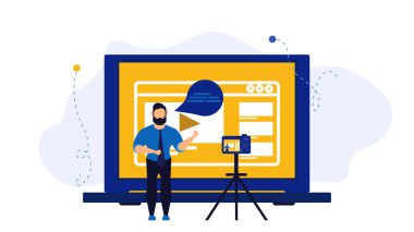 Video vloger iş vektörü illüstrasyon kavramı. Web vlog tasarımı sosyal medya yayın reklam yaratıcısı. Çevrimiçi akım giyimli film eğitimi. Kameralı blog kanalı açıkla. Blog gibi