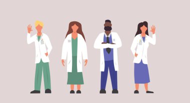 Hastane doktoru, klinik illüstrasyon uzmanı. Üniformalı bir sağlık görevlisi ve kadın karakteri. Mesleki pratisyen ekip acil durum grubu seti. Yardım hizmeti işi
