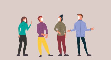 Tıbbi maske takan insanlar enfeksiyon kapmış. Covid-19 vektör düz çizim. Virüs hastalığı grip kirliliği. Coronavirus güvenlik hastalığı konsepti. Solunum karakter grubu koruması