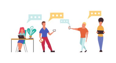 İnsanlar ofis vektörü düz çizim teknolojisinde cihaz kullanıyorlar. Dizüstü bilgisayarı ve telefonu olan kadın ve erkeklerle dijital iletişim işi. Çevrimiçi yaşam tarzı grubu. Ortam aygıtı ağı