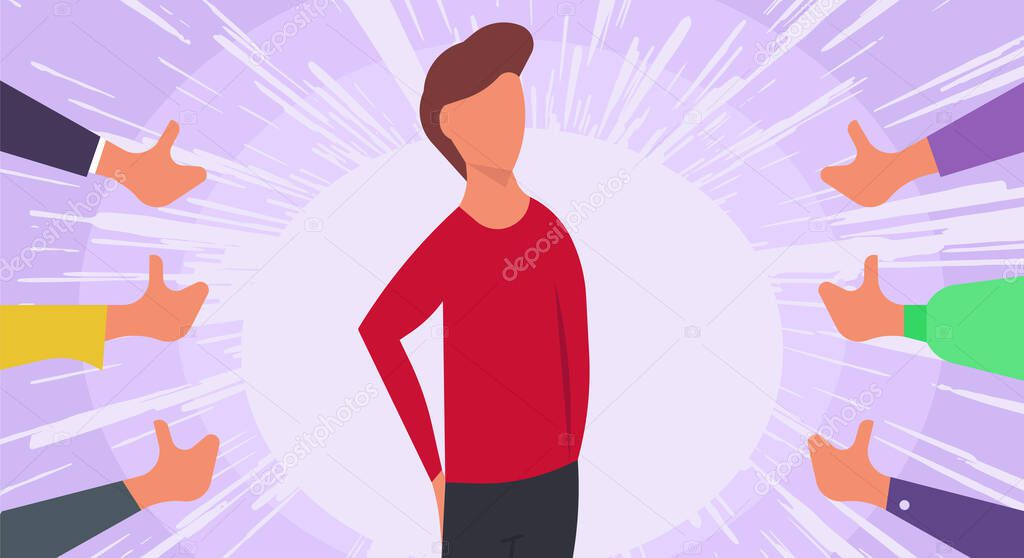 Public approval people person vector illustration concept. Hand accept acknowledgment gesture opinion. Respect character around thumb up feedback. Honor show favorite reputable. Agree choice proud