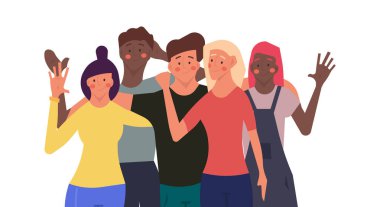 İnsanlar mutlu grup erkek ve kadın vektör illüstrasyonunu kutluyorlar. Parti arkadaşı konsepti mutluluk, başarı karakteri. Gülümseyen takım çalışması şirketi insan topluluğu bayramı