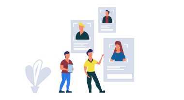 İşe alım profili aday iş illüstrasyonu konsepti. Çalışanları seçen şirket yöneticisine devam edin. İyi bir ekip elemanı en iyi profesyoneli seçer.